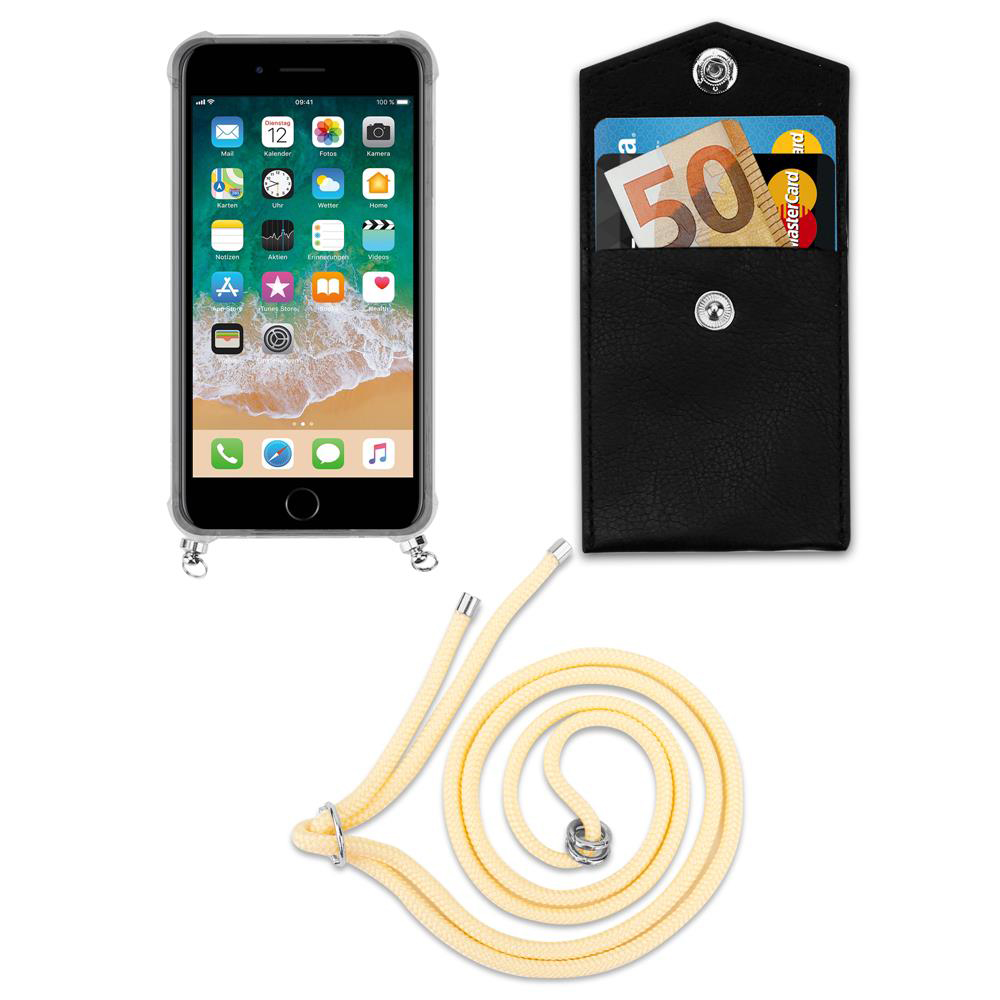 Ein Smartphone mit Hülle, eine schwarze Tasche mit Geld und Karten und eine gelbe Kordel.