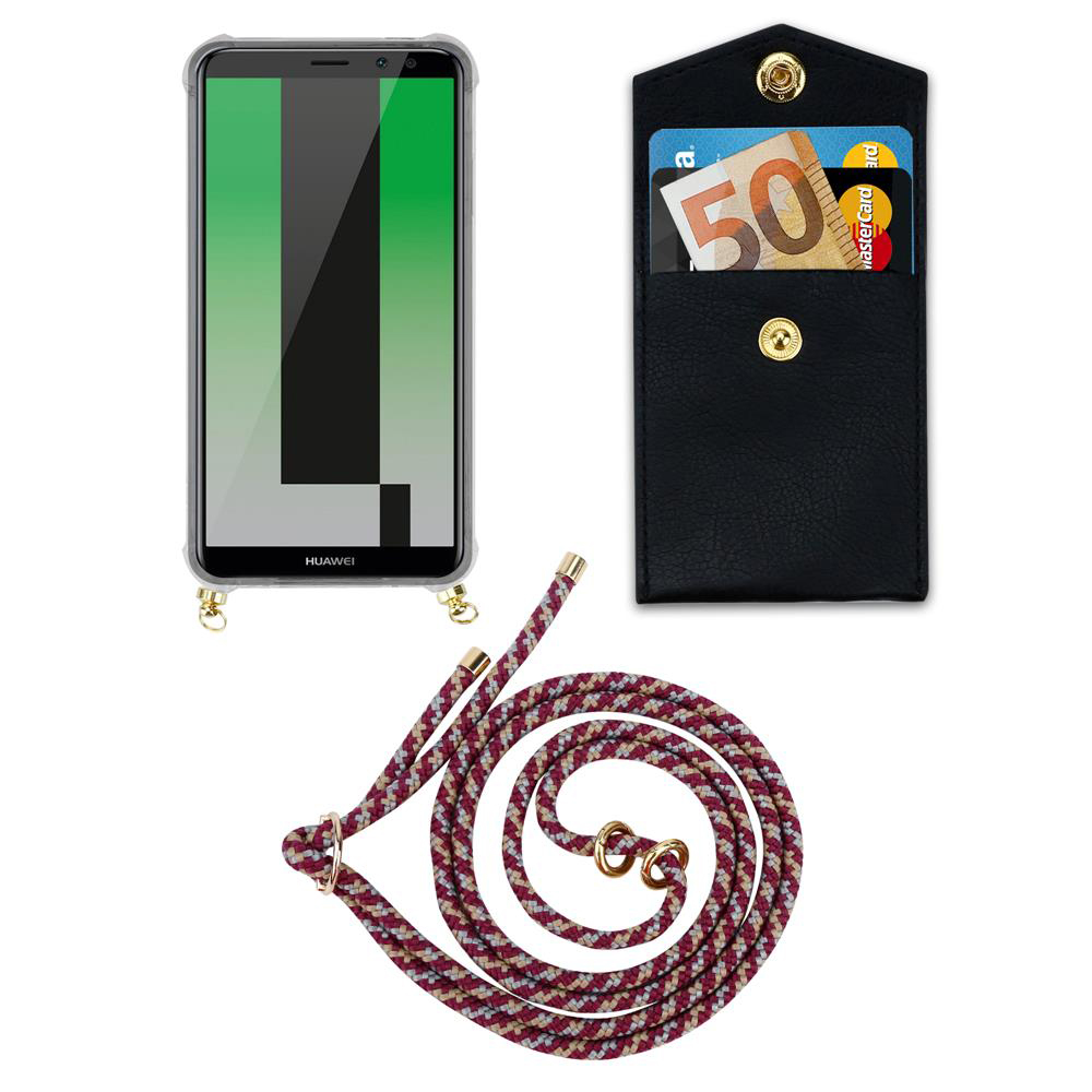 Uno smartphone in custodia, portafoglio con soldi e carta, e un cordino.