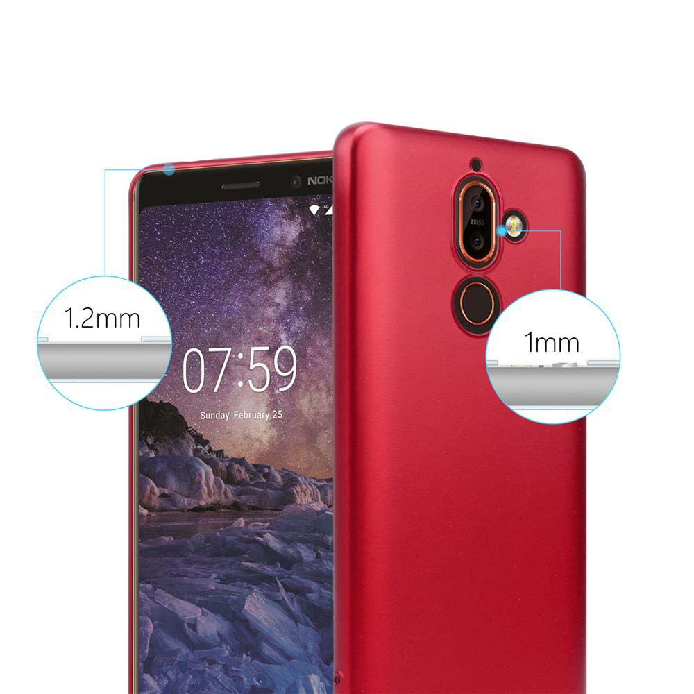 Rotes Handy mit Kameras und Text-Overlays, die 1,2 mm und 1 mm anzeigen.