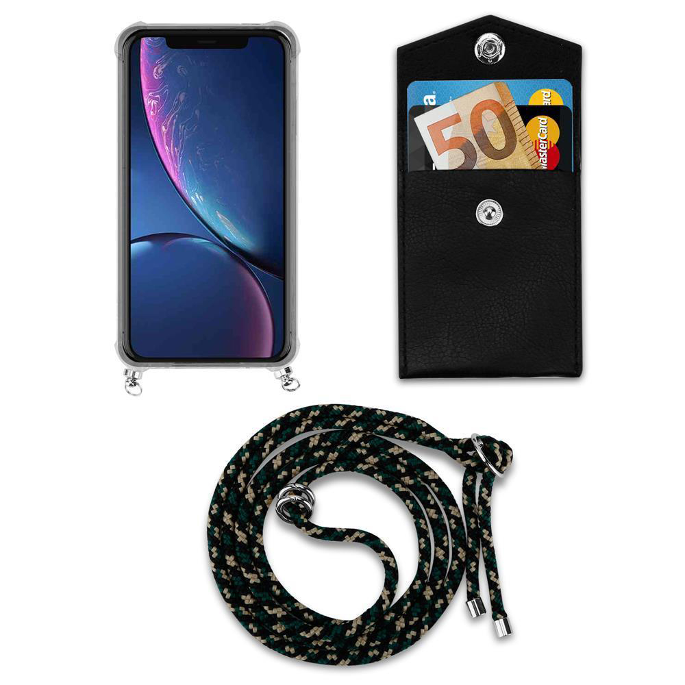 Uno smartphone con custodia, banconota, carta e cordino su sfondo bianco.