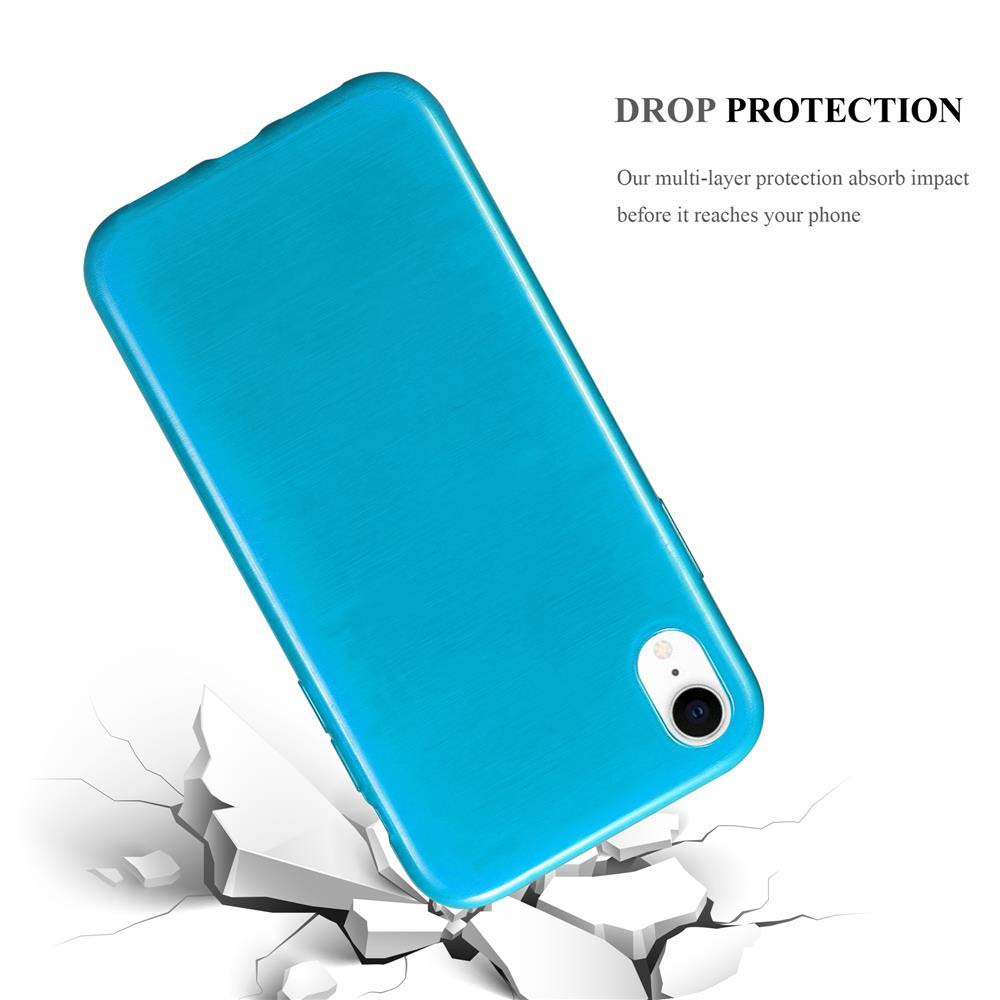 Cover blu per telefono che cade su terreno crepato. Testo: PROTEZIONE ANTICADUTA.