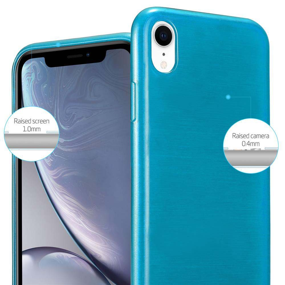 Custodia blu per telefono con bordi rialzati per schermo e fotocamera.