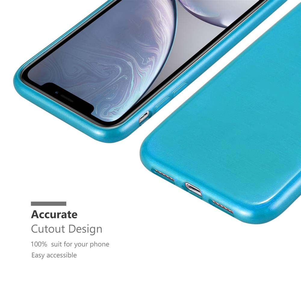 Custodia blu per telefono con ritagli accanto a uno smartphone.