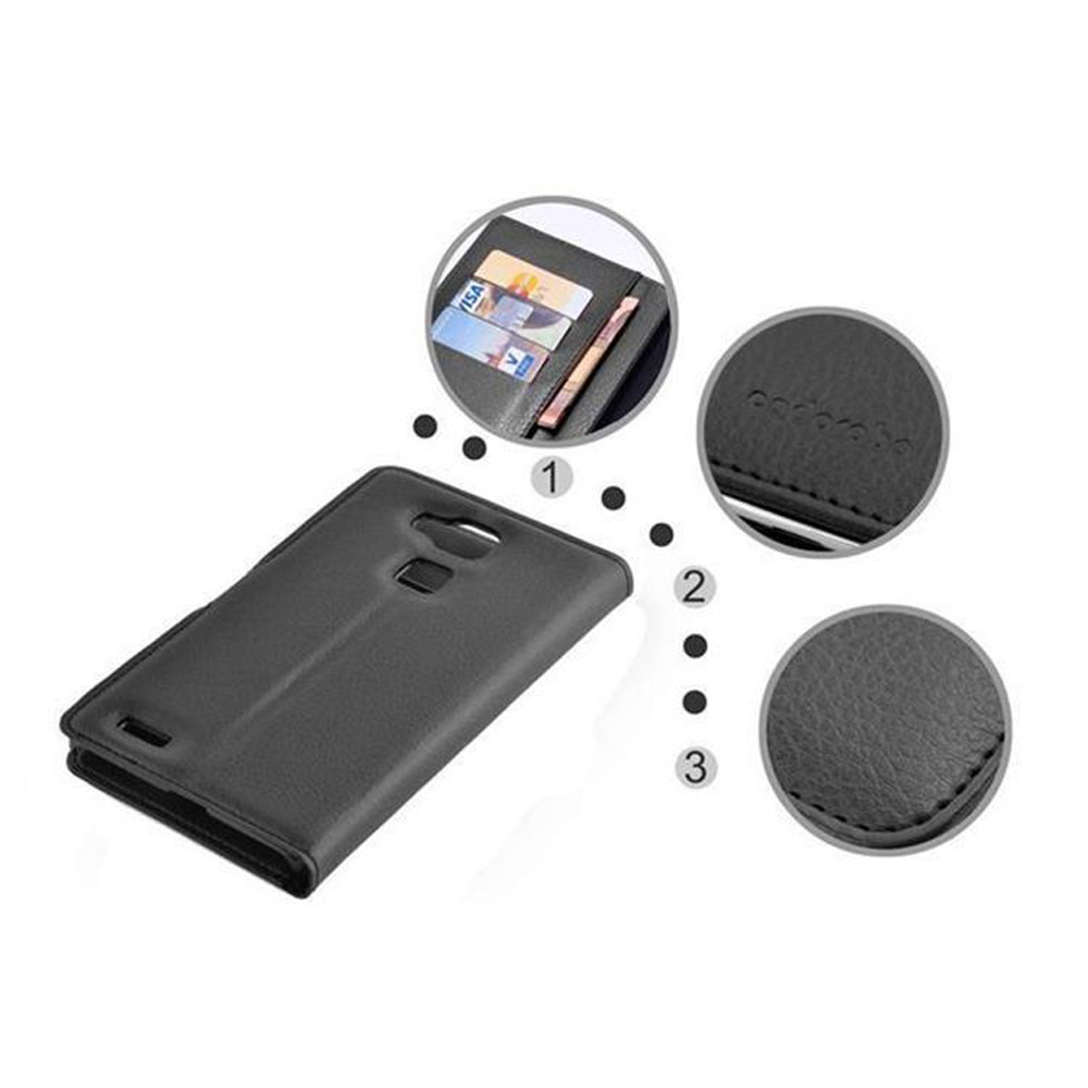 Custodia nera per telefono con slot per carte e logo.