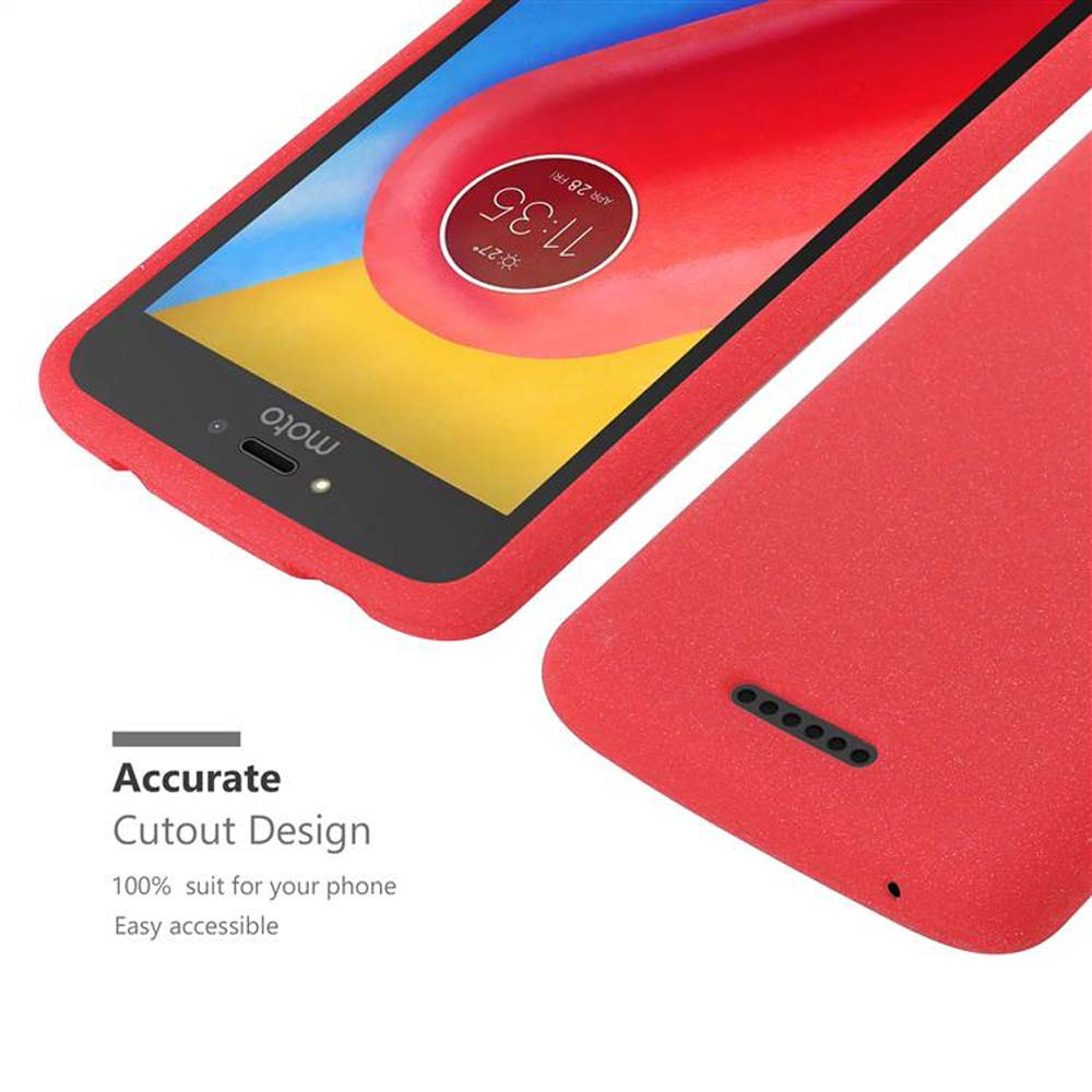 Custodia rossa per telefono con ritagli mostra un telefono Moto con ora 11:35.