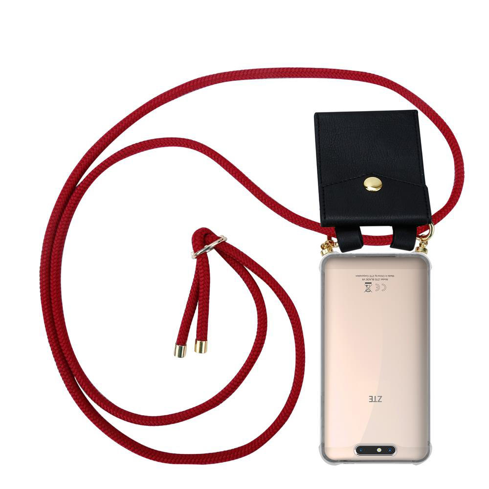 Ein Smartphone mit einer roten Kordel und einer schwarzen Kartenhalterung.