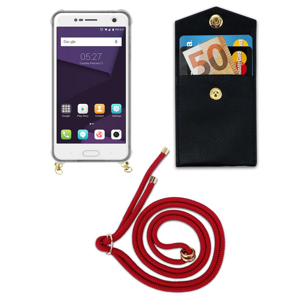 Ein Smartphone mit Hülle, eine schwarze Tasche mit Geld und Karten und ein rotes Lanyard.