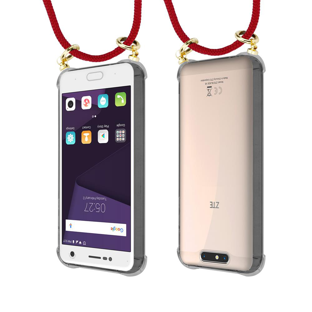 Zwei Ansichten eines ZTE Smartphones mit roter Lanyard-Schlaufe, Vorder- und Rückseite.