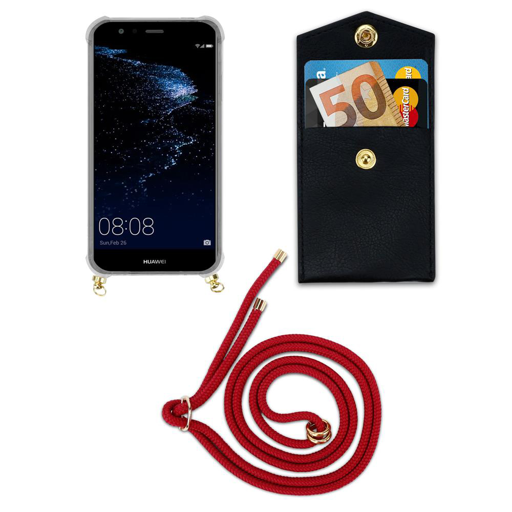 Uno smartphone Huawei in custodia, un portafoglio nero e un cordino rosso.