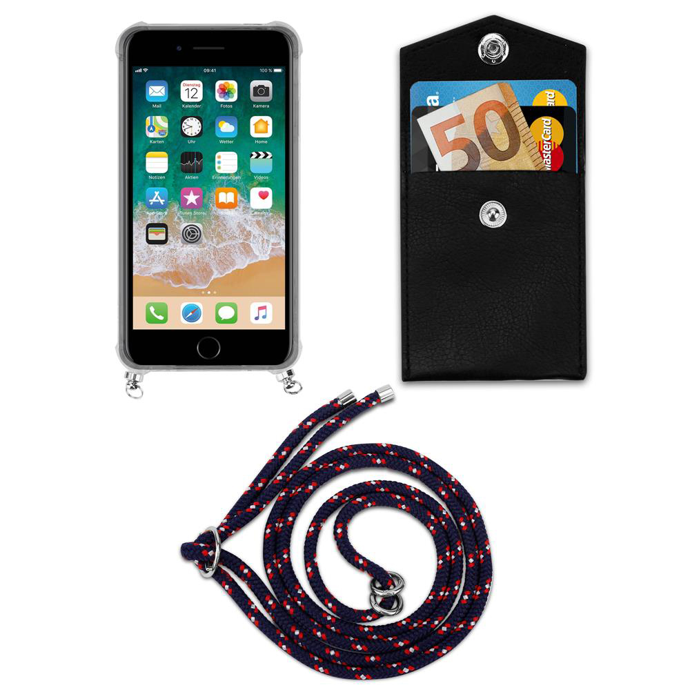 Uno smartphone in una custodia, un portafoglio nero con banconota da 50 euro e carte, e un cordino.