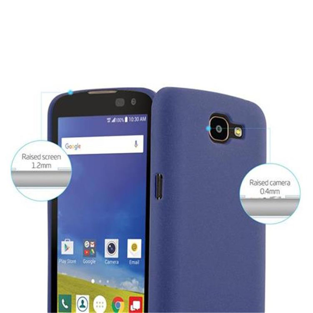 Uno smartphone blu con custodia. Mostra "Schermo rialzato 1.2mm" e "Fotocamera rialzata 0.4mm".
