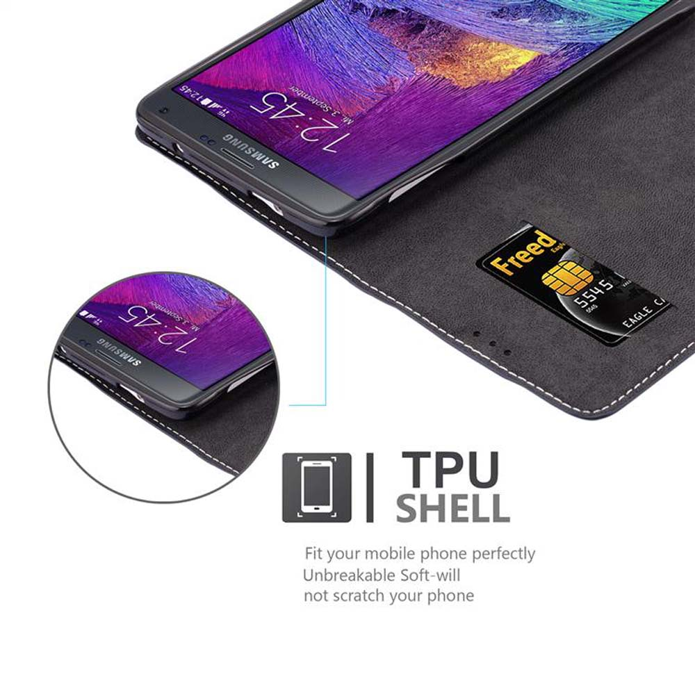 Una custodia nera per telefono con un telefono Samsung e una carta di credito.