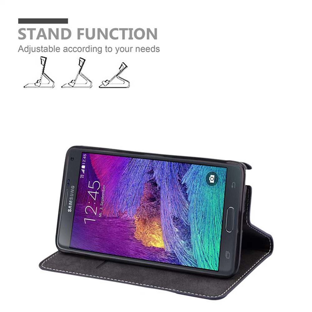 Smartphone Samsung in custodia a libro nera aperta, mostra funzione stand.