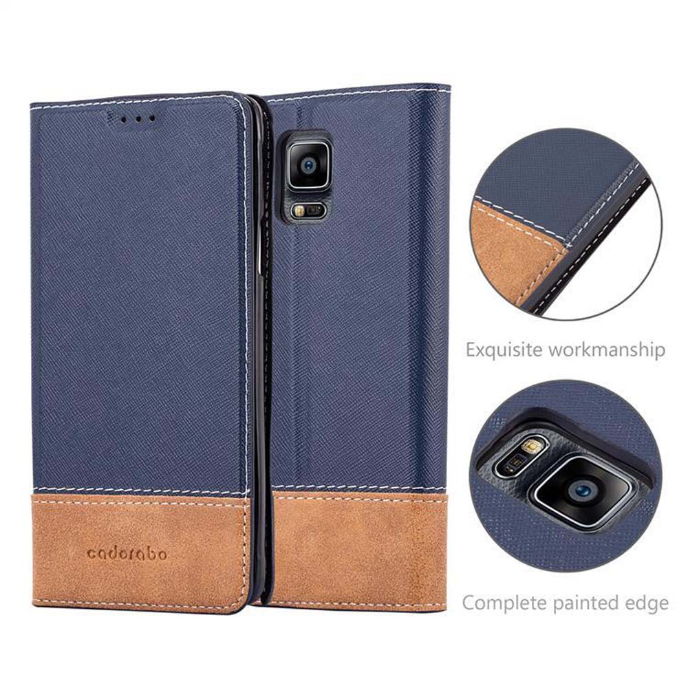 Custodia a libro blu per telefono con accenti marroni e foro fotocamera.