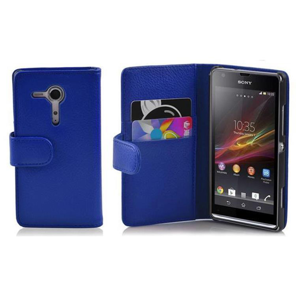 Una funda azul de cuero tipo libro para un smartphone Sony con ranuras.