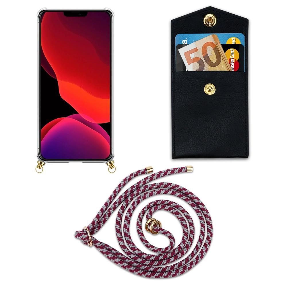Uno smartphone in custodia, portafoglio con carte e soldi, e cordino.