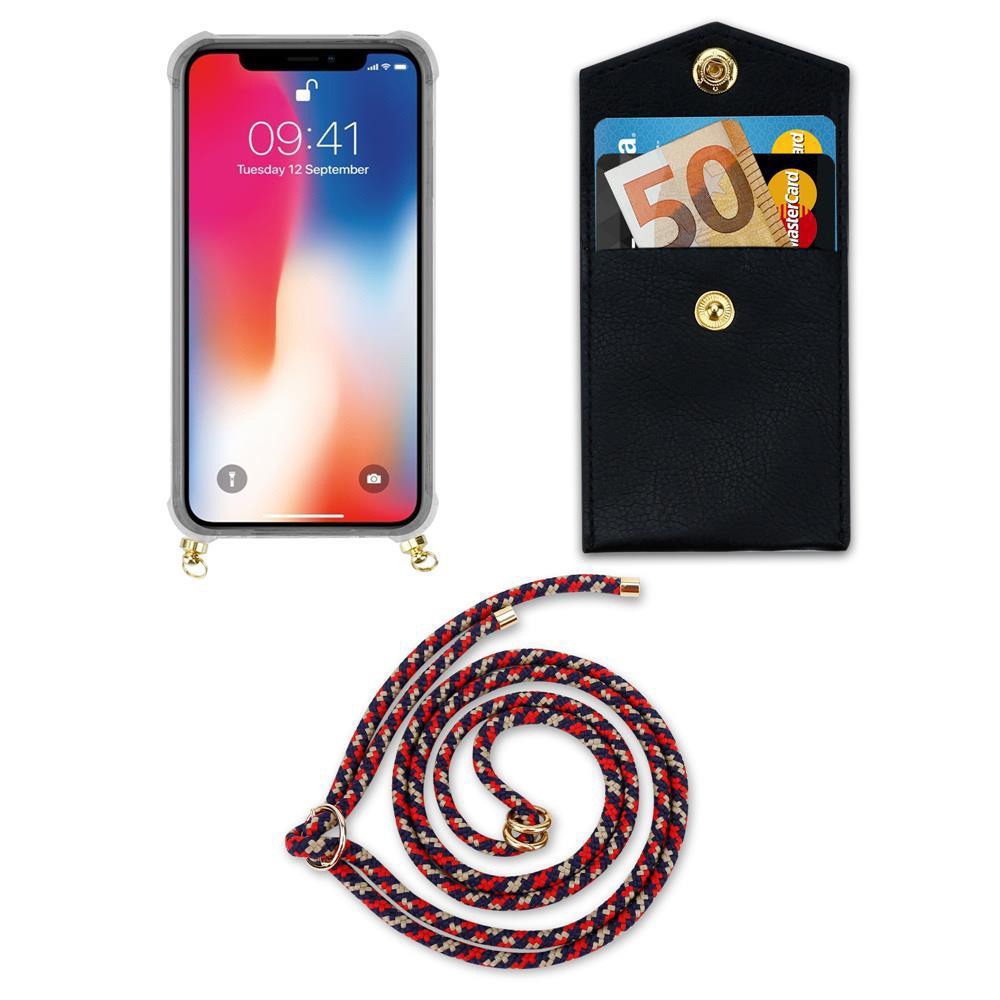 Smartphone con custodia, porta-carte con soldi e carte, cordino