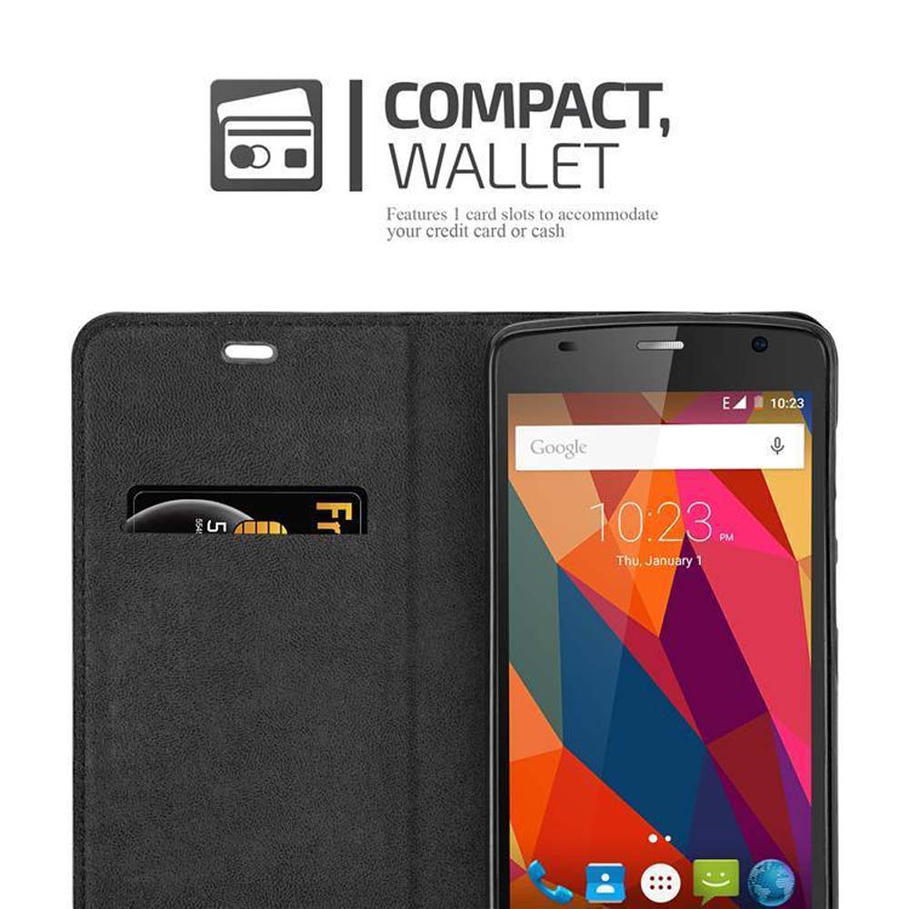 Funda de teléfono tipo cartera negra con una ranura para tarjeta mostrando un smartphone.