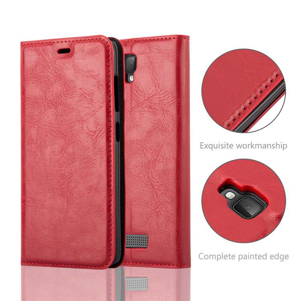 Funda roja de cuero texturizado para teléfono, con primeros planos de costuras y recorte de cámara.