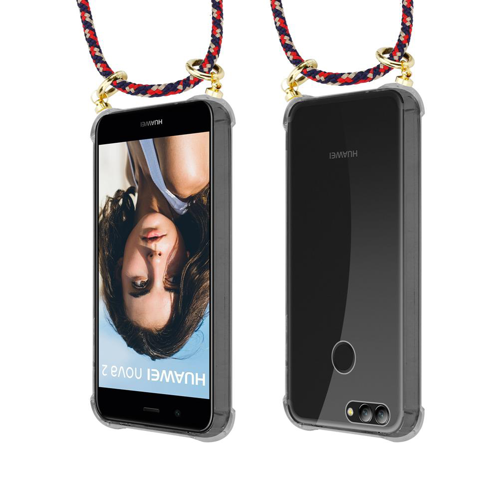 Due telefoni Huawei Nova 2 con cordini. Uno mostra un volto, l'altro il retro.
