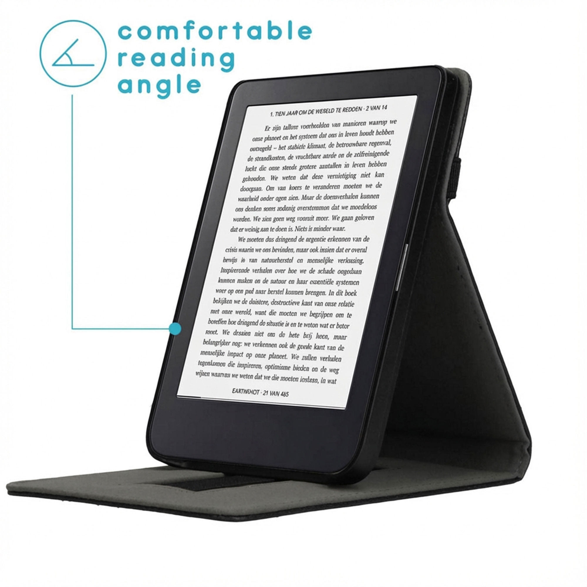 Liseuse dans un étui noir servant de support. Texte visible à l'écran.