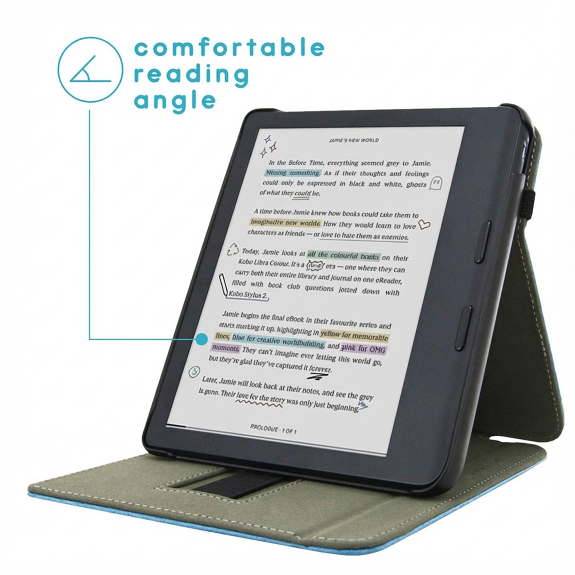 E-reader in een groen hoesje dat als standaard dient. Toont tekst.