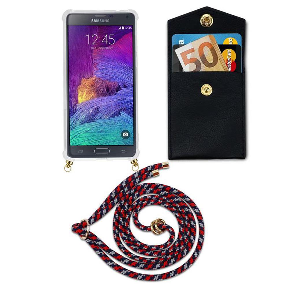 Uno smartphone Samsung con un portafoglio, una banconota da 50 euro, carte e un cordino.