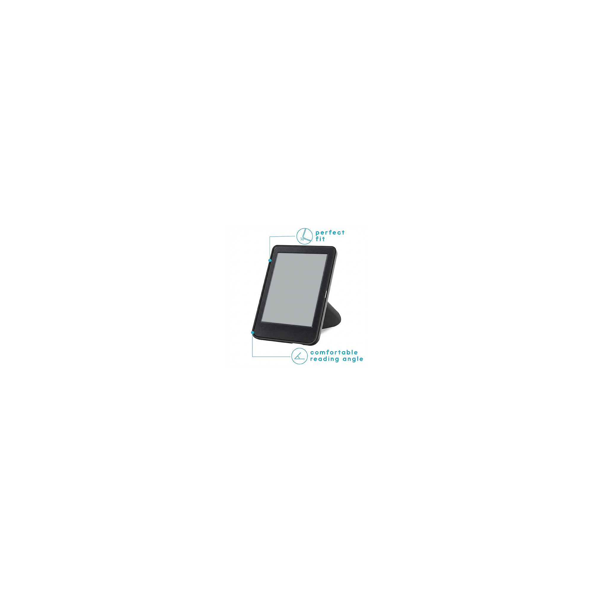 Een zwarte e-reader in een standaard, met nadruk op perfecte pasvorm en comfortabele hoek.