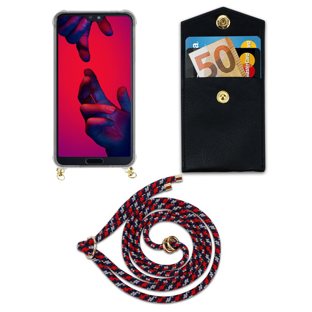 Uno smartphone in custodia, un portafoglio nero con soldi e carte, e un cordino.