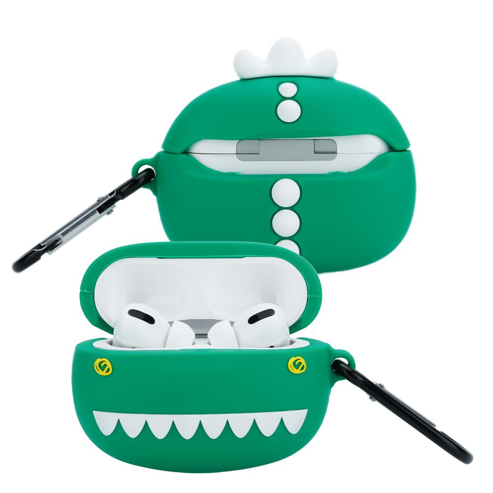 Grünes AirPods-Etui mit Dino-Motiv, geöffnet mit Ohrhörern und geschlossen.