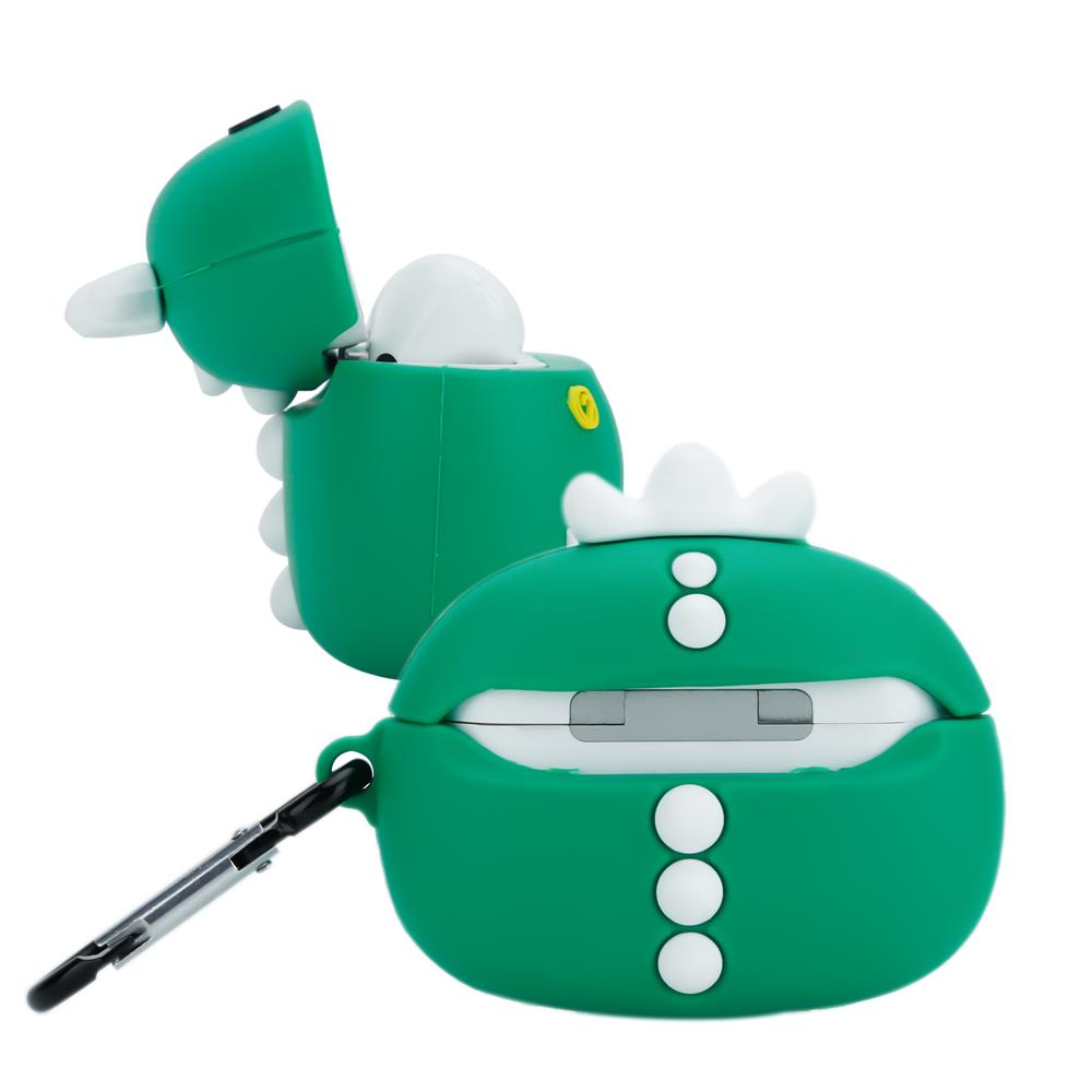 Grüne Dinosaurier-Airpod-Hülle mit weißem Ohrhörer im Inneren.