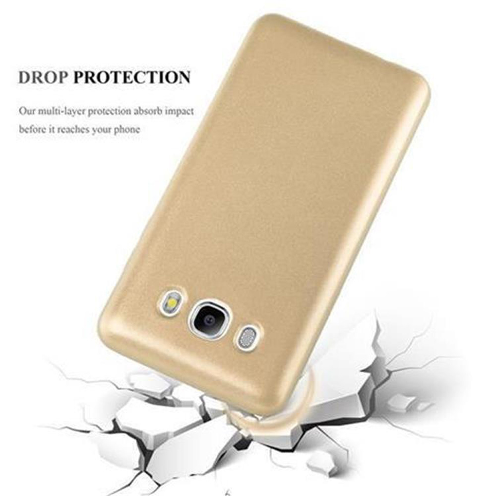 Goldene Handyhülle stürzt auf zerbrochene weiße Oberfläche. Drop Protection.