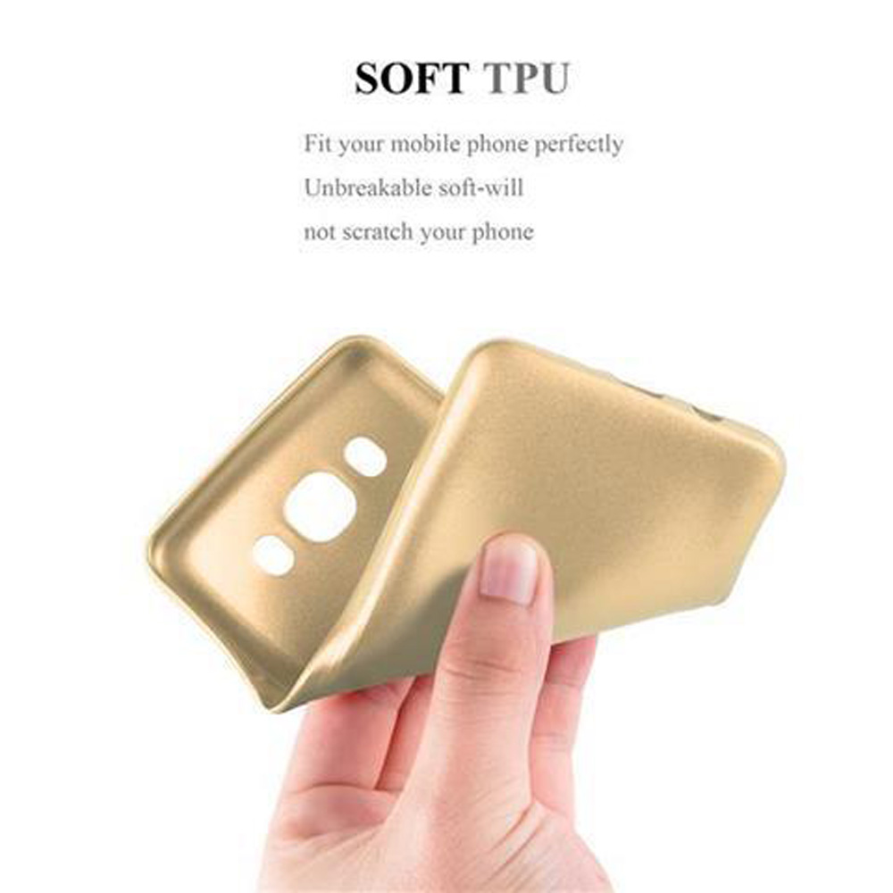 Eine goldene Handyhülle wird von einer Hand gehalten. Sie ist biegsam.