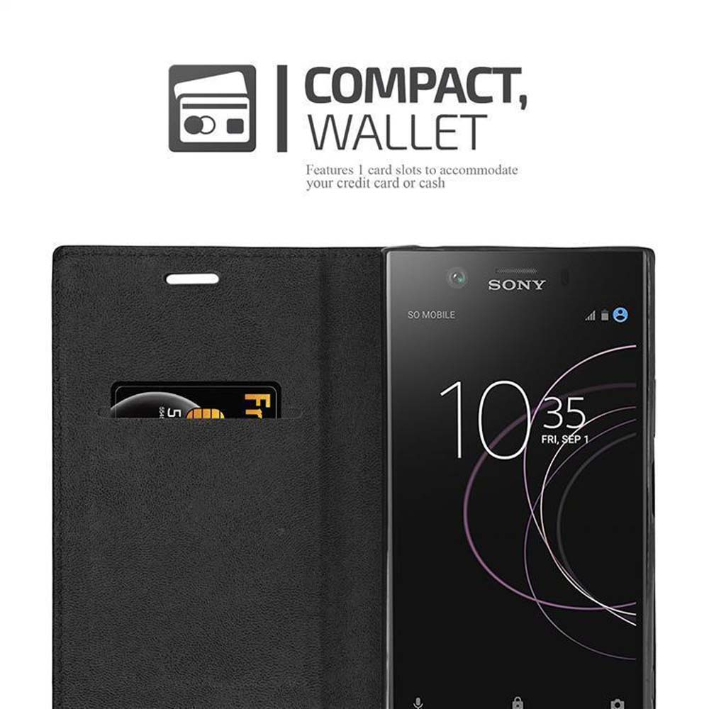Custodia nera per telefono con slot per carte e smartphone Sony che mostra le 10:35.