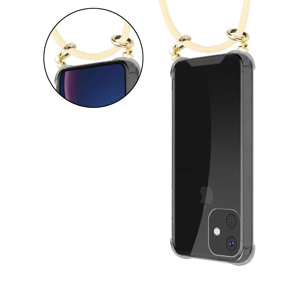 Custodia trasparente per telefono con cinturino beige e clip dorate.