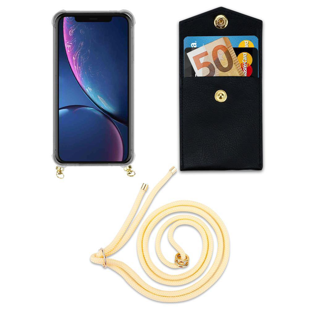 Uno smartphone, un portafoglio nero con soldi e carte, e un cordone.