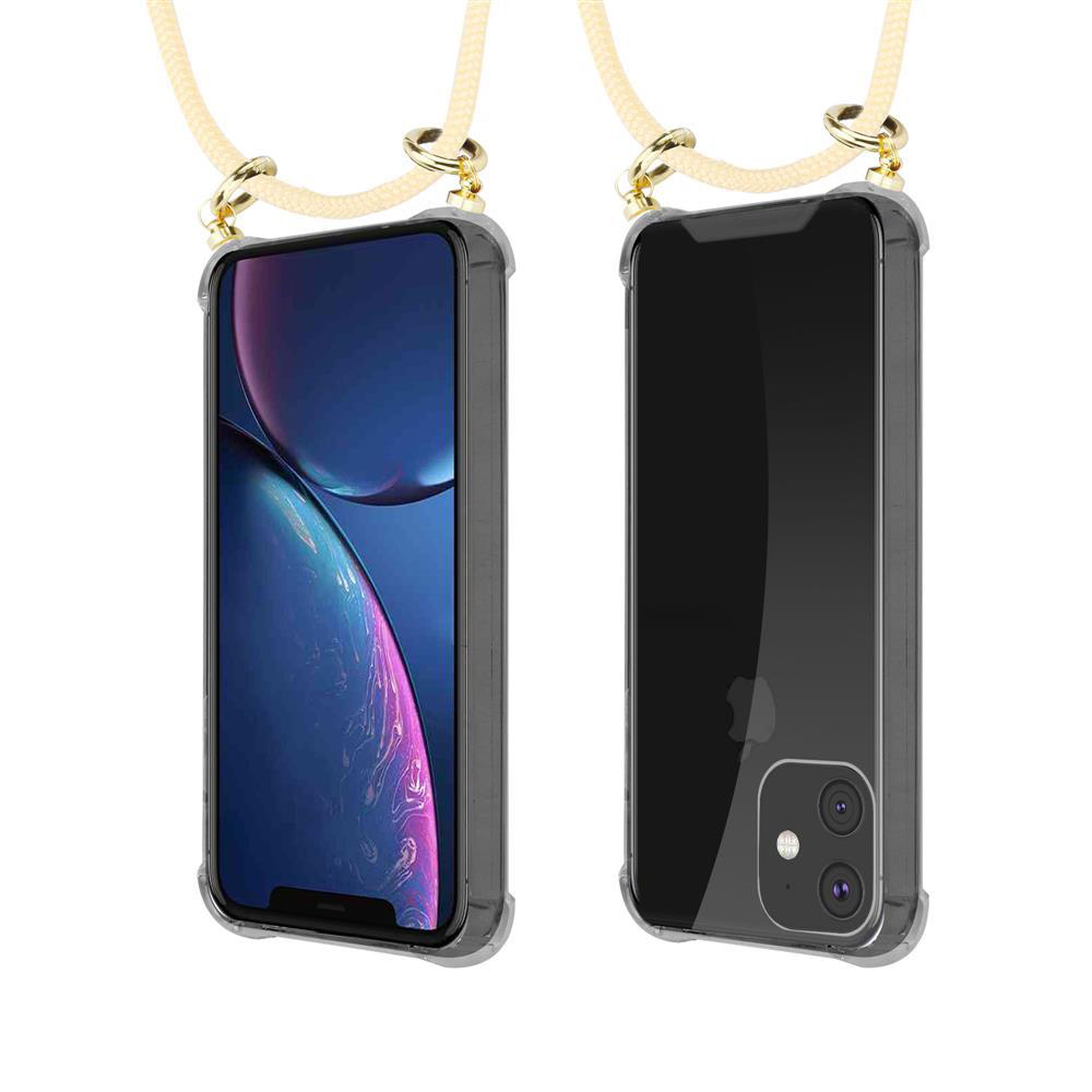 Due custodie trasparenti per telefono con cinghie e hardware dorato, sfondo bianco.