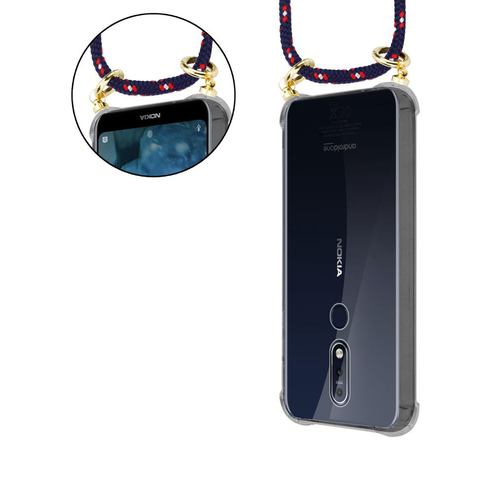 Nokia-Smartphone mit transparentem Gehäuse und Lanyard, Vorder- und Rückansicht.