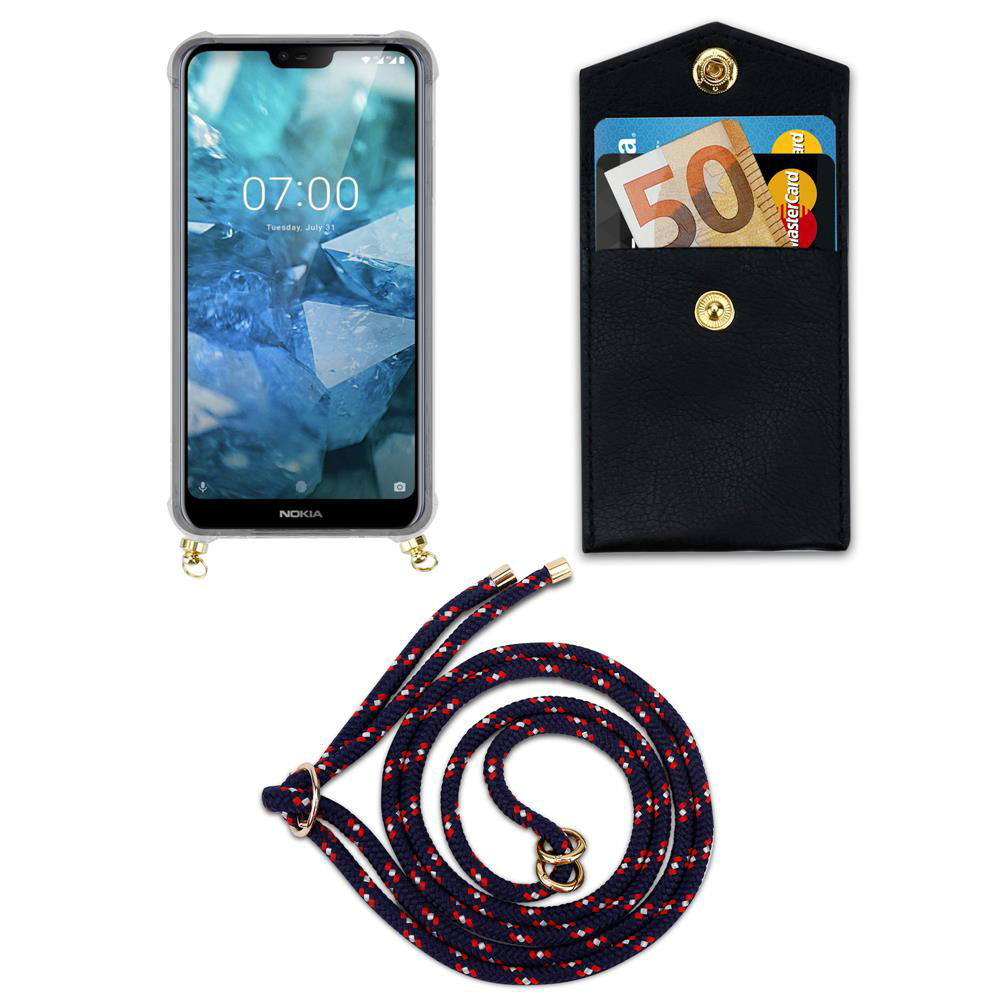 Smartphone mit Hülle, Portemonnaie mit Karten und Lanyard auf weißem Hintergrund.