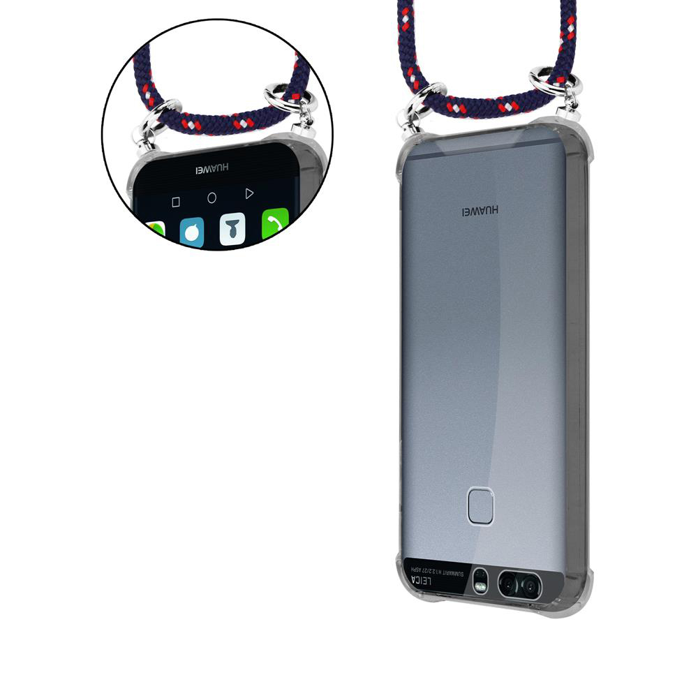 Ein Huawei-Smartphone in einer Hülle mit einem Band, auf dem weißen Hintergrund.