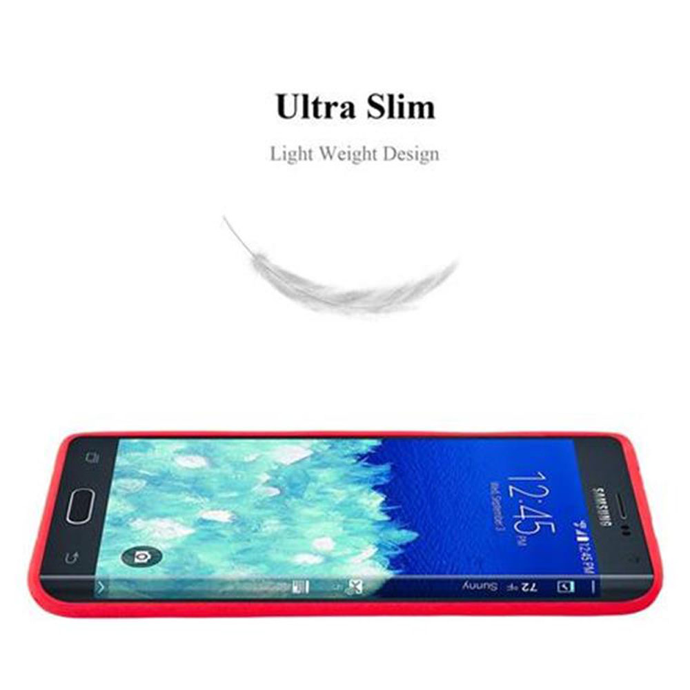 Teléfono inteligente delgado con funda roja, icono de pluma y texto.