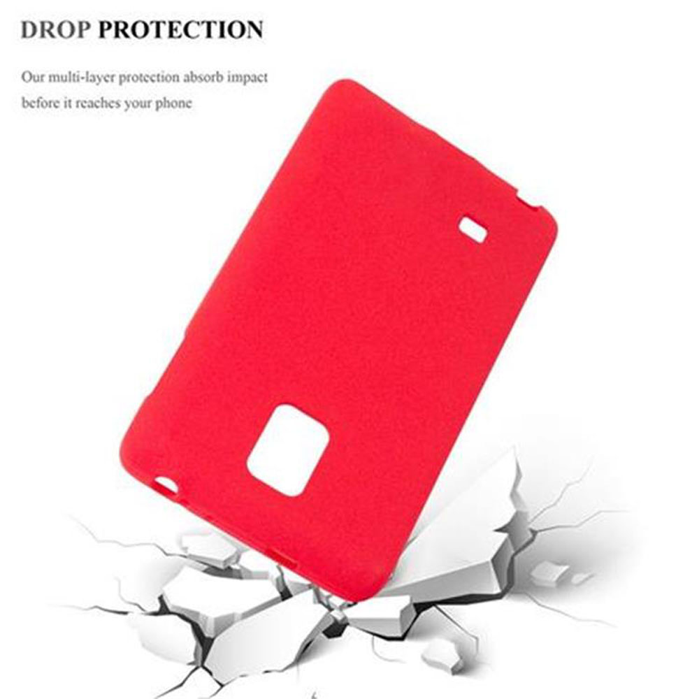 Funda roja de teléfono rompe superficie blanca, protección.
