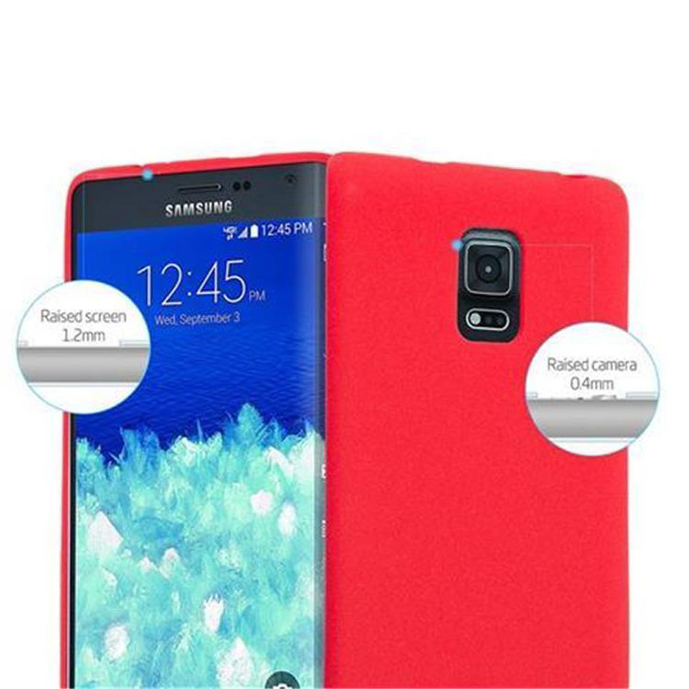 Teléfono rojo en funda, mostrando pantalla y cámara elevadas.