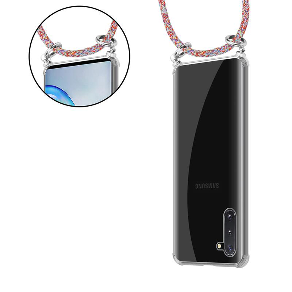 Ein Samsung-Handy in einer transparenten Hülle mit einem bunten Band.