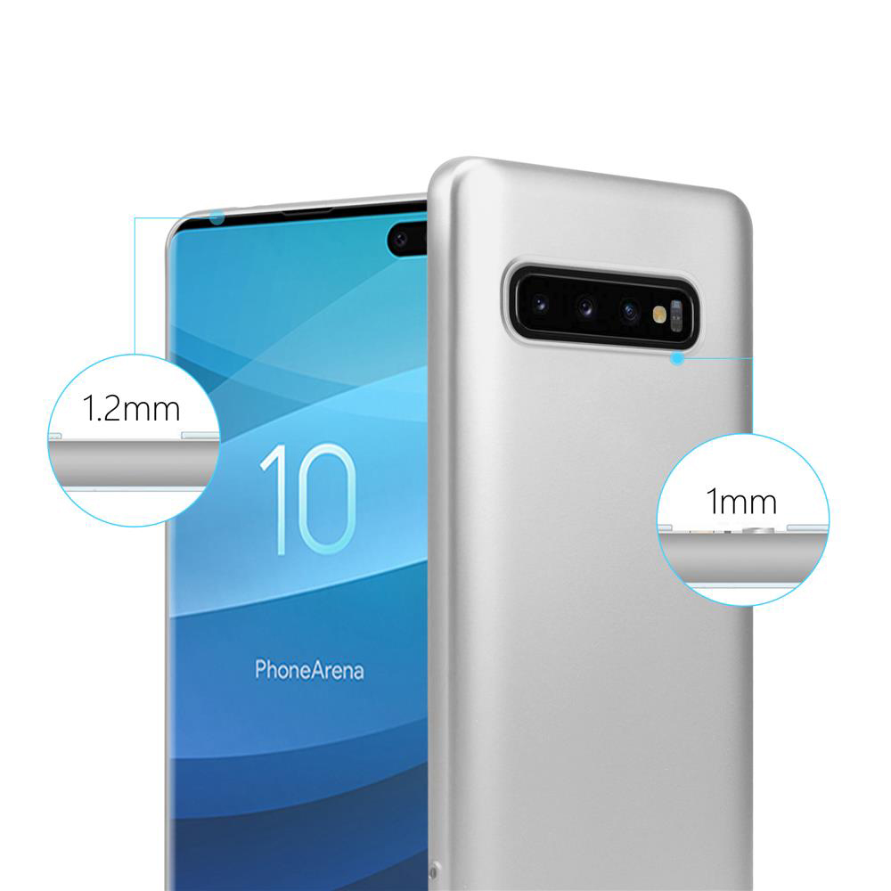 Uno smartphone argentato con custodia. Misure 1,2 mm e 1 mm.