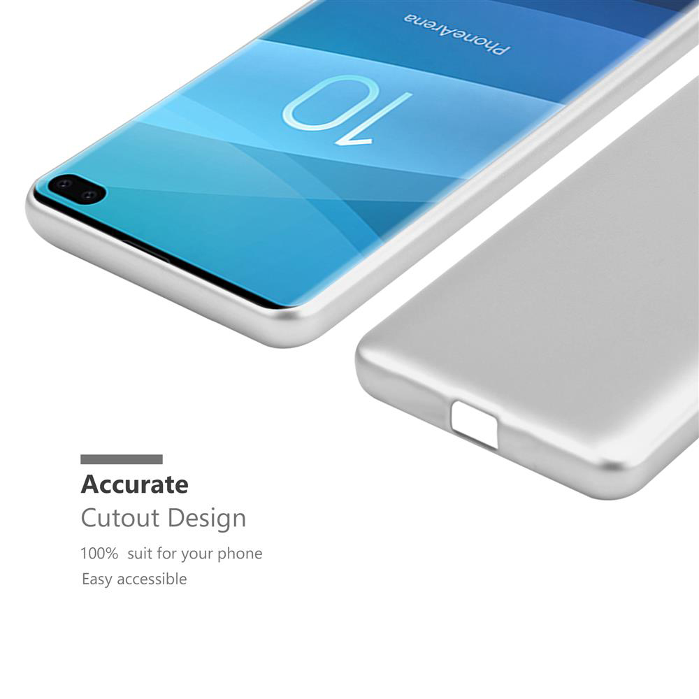 Una cover argentata per telefono accanto a uno smartphone con display blu.