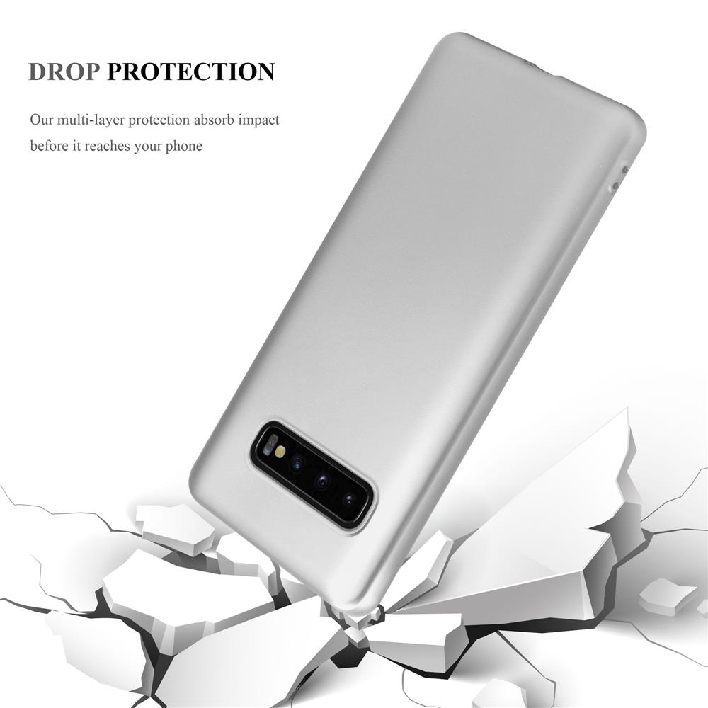 Un mockup di cover per telefono argentata che cade su superfici bianche infrante.