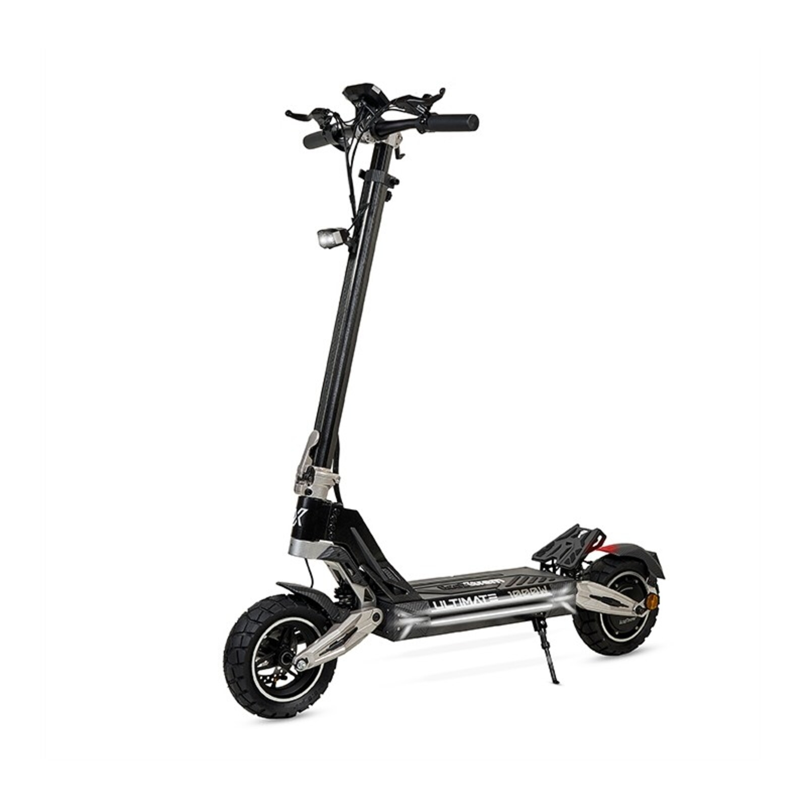 Un patinete eléctrico negro con ruedas anchas, un faro y manillar.