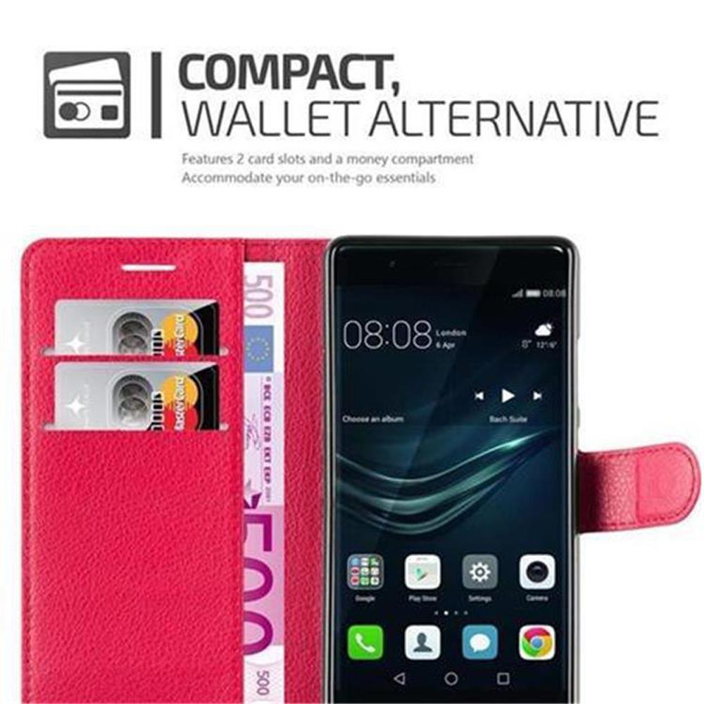 Rotes Portemonnaie-Etui mit Handy, zwei Karten und 500-Euro-Schein.