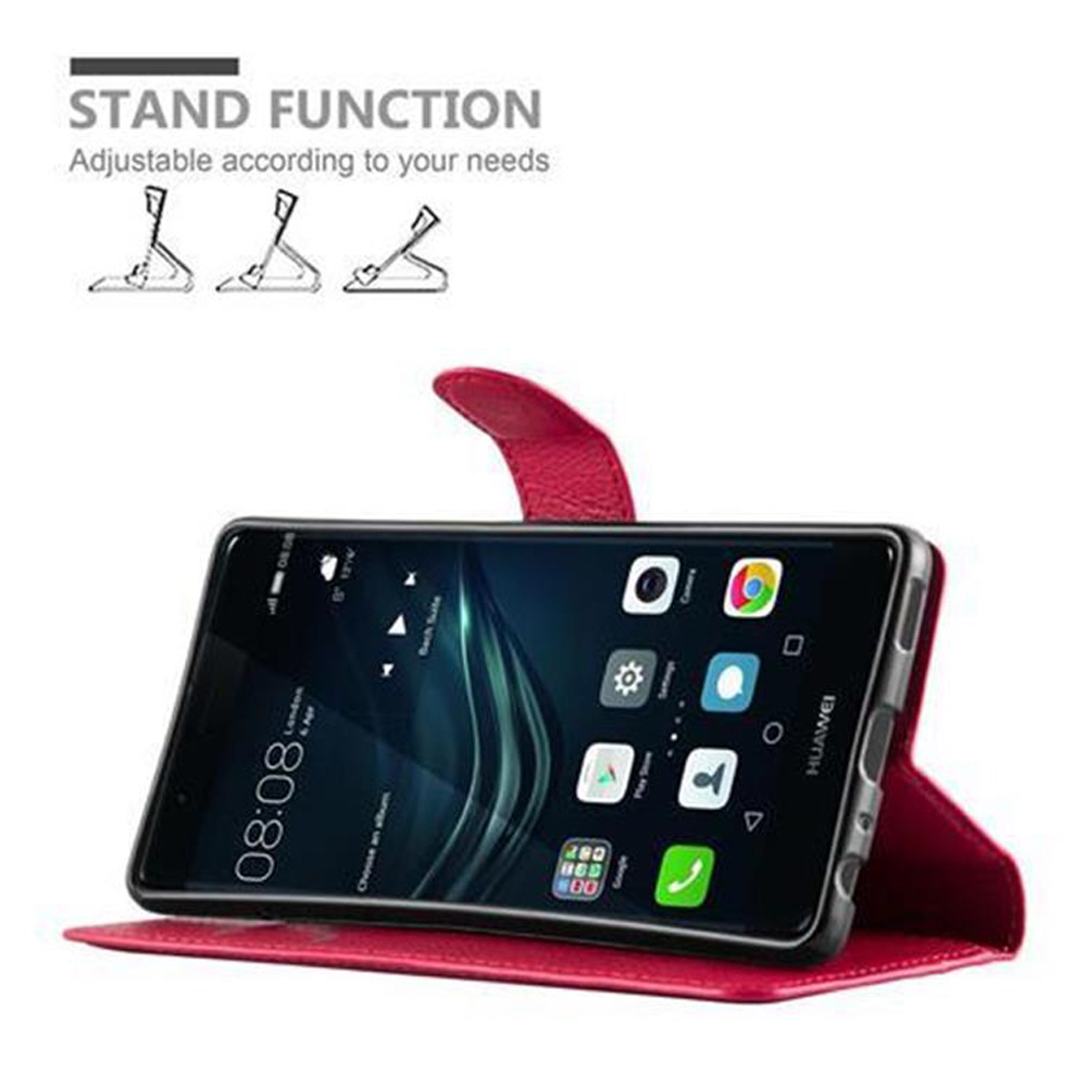 Rotes Handy-Flip-Case mit Ständerfunktion, zeigt Smartphone-Bildschirm.